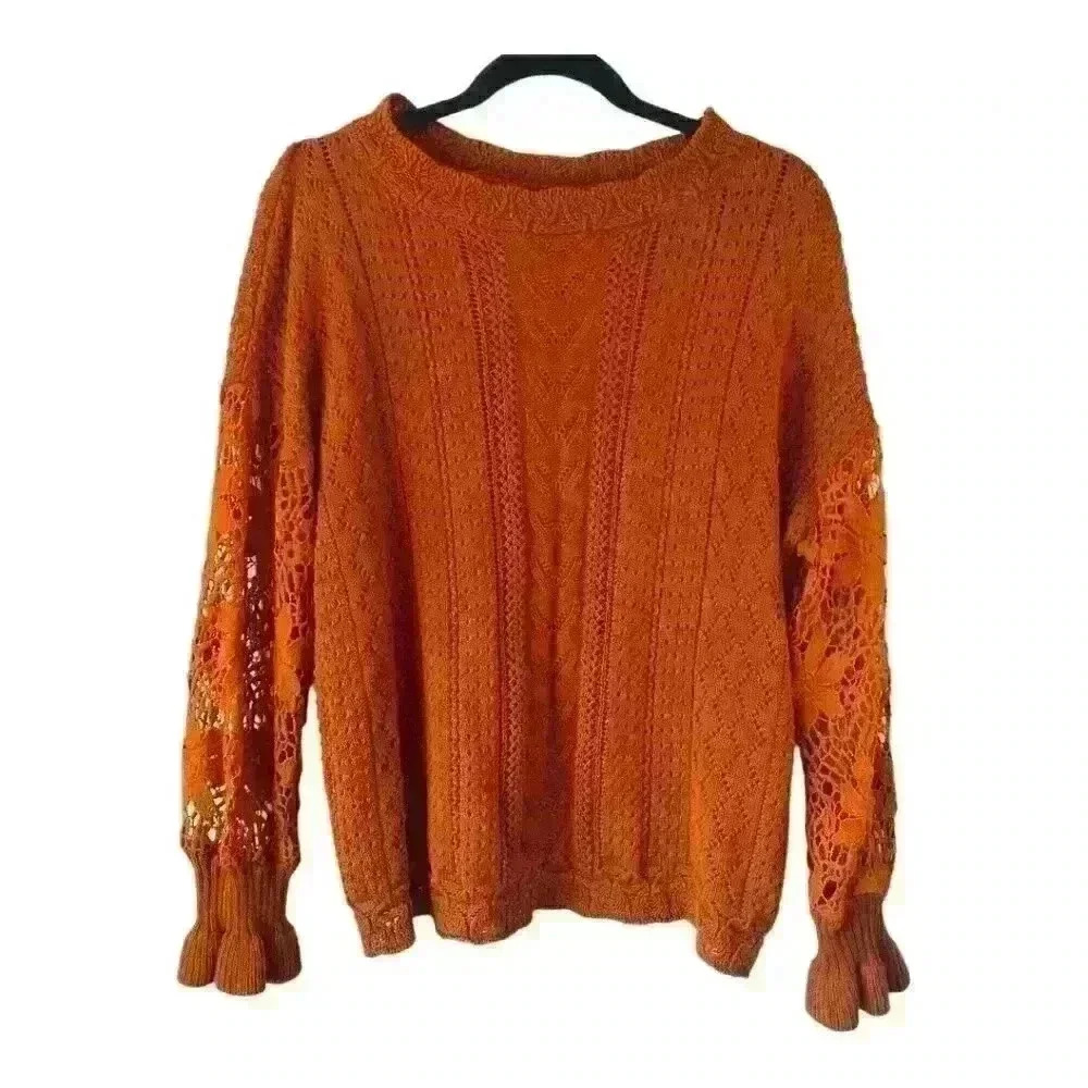 Women's Burnt Orange Crochet Pointelle Knit Sweater‎ Size Large Fall Boho Autumn